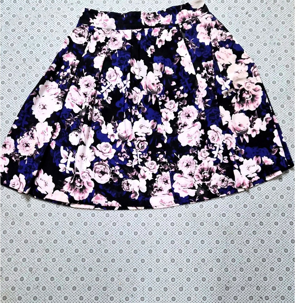 Covington Floral Pleated A-Line Skirt Womens 16 Black Pink Purple Knee Length